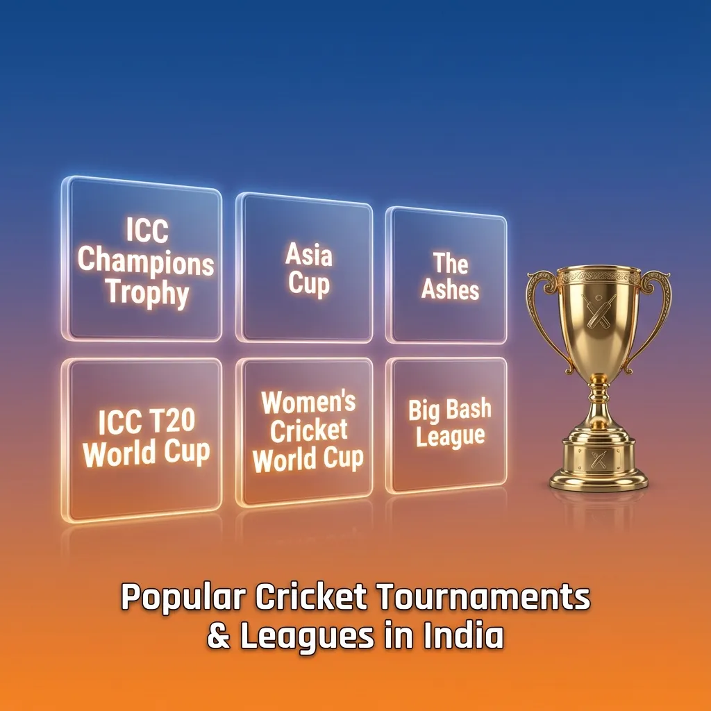Graphic listing major cricket tournaments and leagues covered by an Indian online betting platform