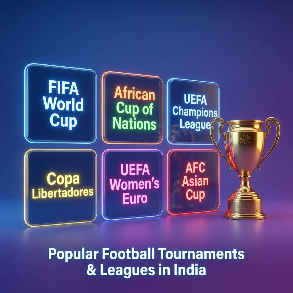 Graphic showing “Popular Football Tournaments & Leagues in India” with logos of FIFA World Cup, UCL, EPL, ISL and others