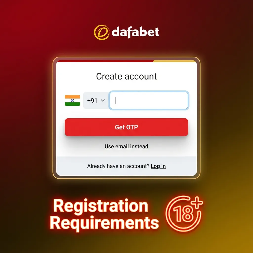 Illustration of Dafabet registration rules: age 18+, real details, one account, KYC documents, and legal compliance in India.