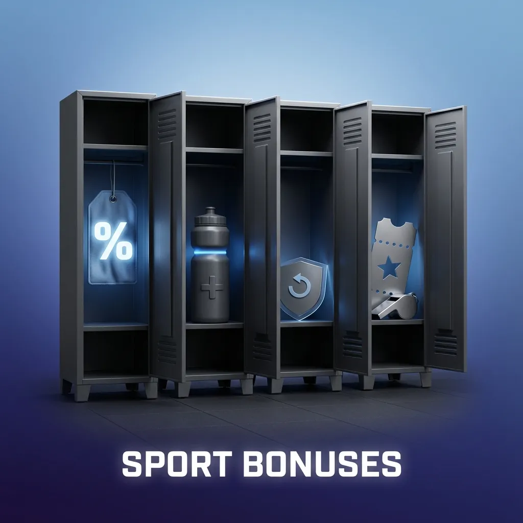 Banner titled “Sport Bonuses” with icons for cricket, football, tennis, kabaddi, esports and text on reload, free bet, cashback offers