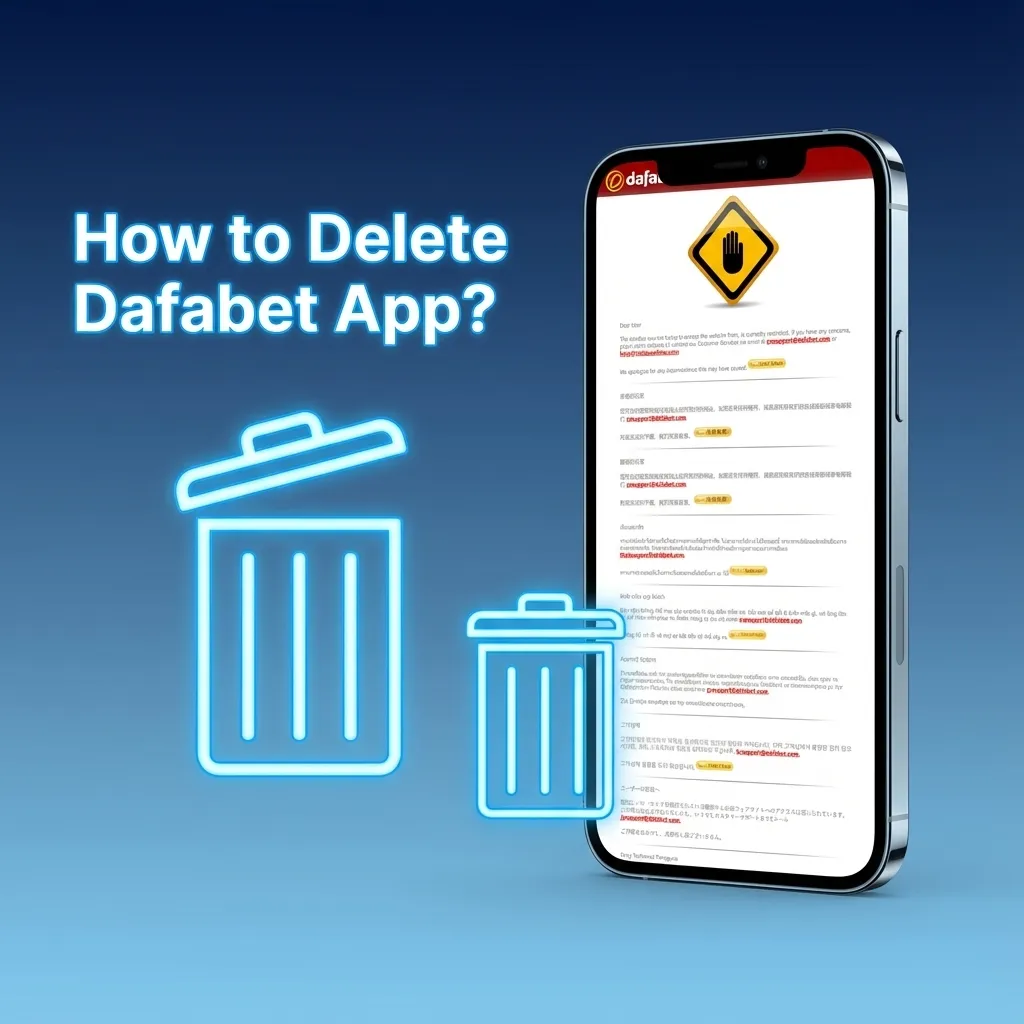 Illustration of a phone home screen showing the Dafabet app icon being pressed and uninstalled from Android and iOS.