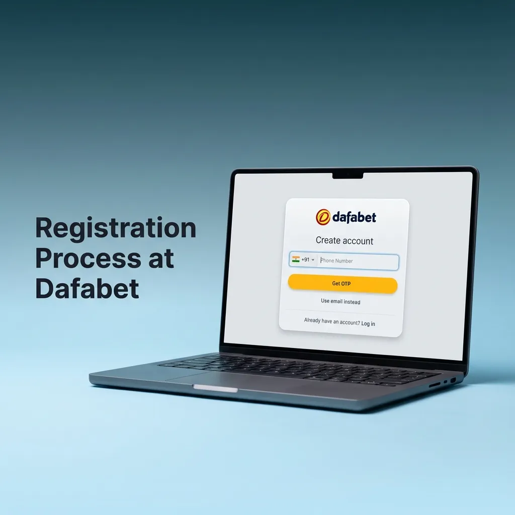Illustrated Dafabet registration steps on desktop and mobile, highlighting sign‑up, details, INR currency and welcome bonus selection